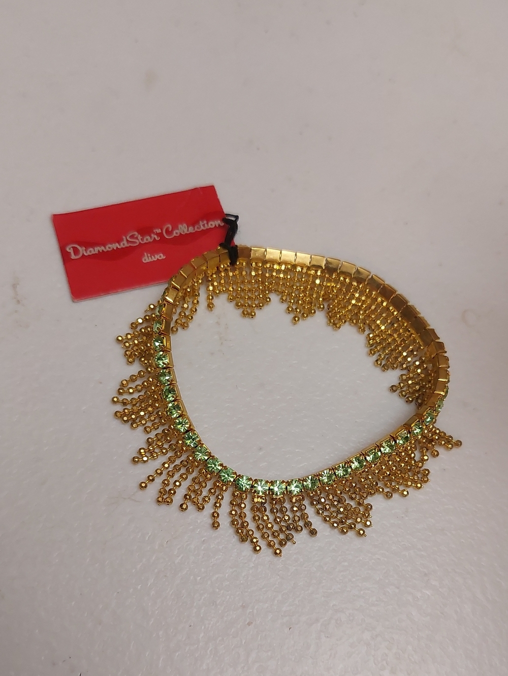 Diamond Star Collection Diva Gold Fringe Green Rhinestone Stretch Bracelet